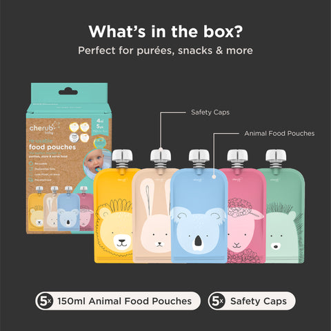 On The Go Reusable Baby Food & Yoghurt Pouches – Animal Set 150ml 5PK