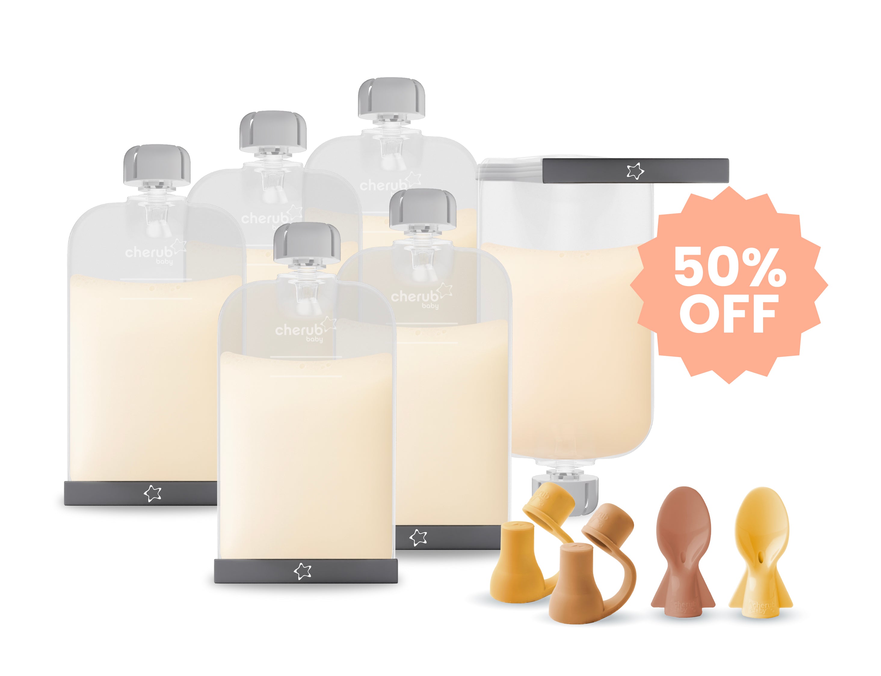 6PK Silicone Reusable 2in1 Breast Milk Bags & Food Yoghurt Pouches Bundle Caramel & Mimosa