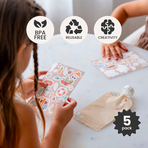 Reusable Food Pouches 150ml 5PK with 130+ Personalized Name & Picture Stickers | BIG EXPLORER