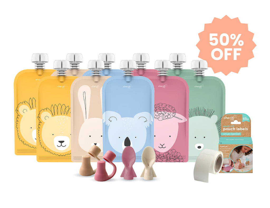 Reusable Baby Food/ Yoghurt Pouches 10PK Bundle Kit | Dusty Rose & Sand