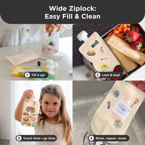Reusable Food Pouches 150ml 5PK with 130+ Personalized Name & Picture Stickers | BIG EXPLORER