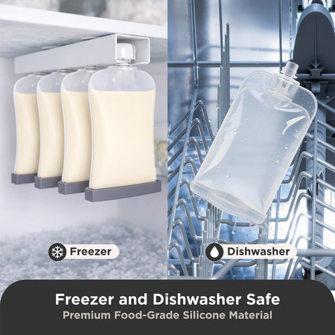 Four clear silicone pouches for food storage shown in two usage contexts: three hanging in a freezer drawer on the left, and one placed on a dishwasher rack on the right. Text at the bottom reads 'Freezer and Dishwasher Safe' and 'Premium Food-Grade Silicone Material.