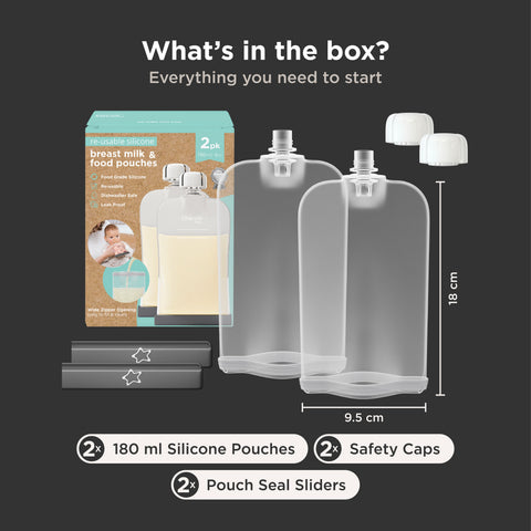 Box and two clear silicone breast milk and food pouches with white caps on a dark gray background, labeled as a 2-pack with dimensions 18 cm by 9.5 cm, plus included safety caps and pouch seal sliders.