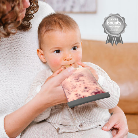 Baby being fed from a container by an adult, with a '2025 bounty' award badge in the corner.