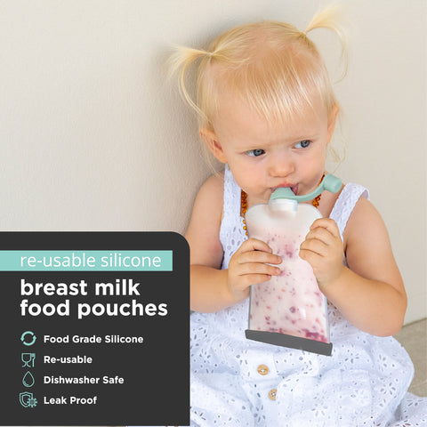 A baby wearing a white dress is shown drinking from a reusable silicone breast milk food pouch. The image includes a text overlay on the left highlighting product features like 're-usable silicone breast milk food pouches' and listing benefits such as 'Food Grade Silicone' and 'Re-usable'.