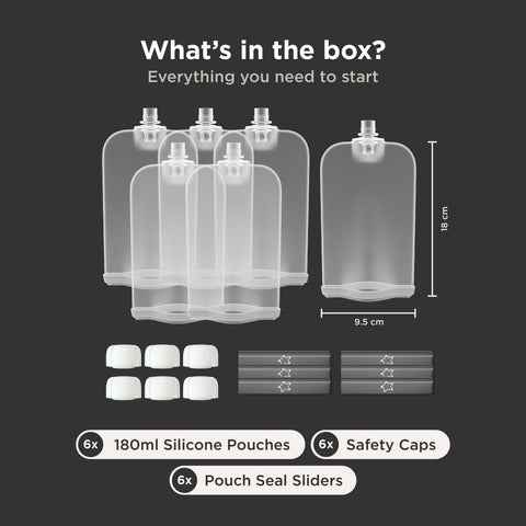 Box contents infographic for a 6-pack of 180ml silicone pouches, showing the pouches with dimensions, white silicone pouches, safety caps, and seal sliders on a dark gray background with text reading 'What's in the box?'.