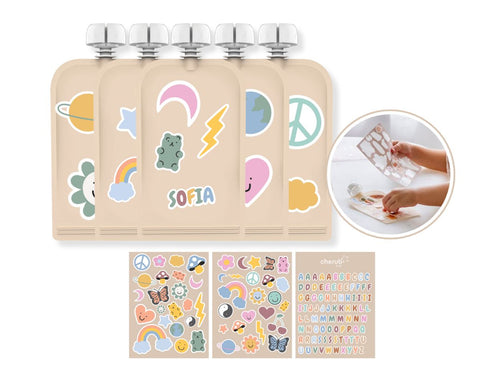 Customizable Reusable Food Pouches with Name Labels/Stickers 150ml 5PK Retro Rainbow