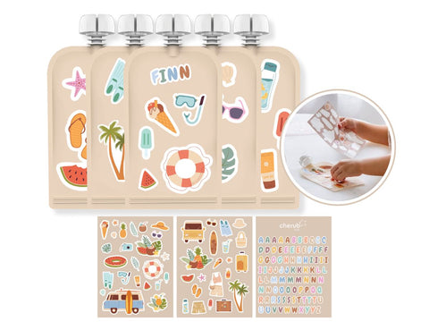 Customizable Reusable Food Pouches with Name Labels/Stickers 150ml 5PK Summer Vibes
