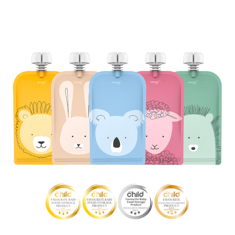 On The Go Reusable Baby Food & Yoghurt Pouches – Animal Set 150ml 5PK