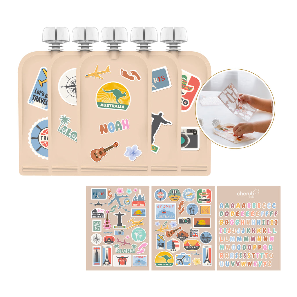 Reusable Food Pouches 150ml 5PK with 130+ Personalized Name & Picture Stickers | BIG EXPLORER