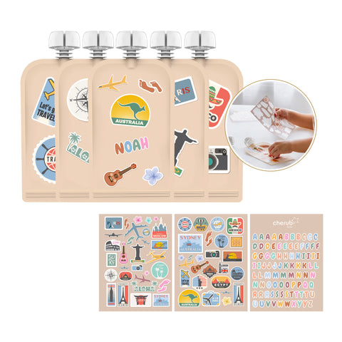 Reusable Food Pouches 150ml 5PK with 130+ Personalized Name & Picture Stickers | BIG EXPLORER