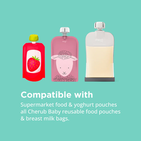 Three reusable baby food pouches are shown on a light aqua background with text reading 'Compatible with Supermarket food & yoghurt pouches all Cherub Baby reusable food pouches & breast milk bags.' The pouches include a red strawberry pouch, a pink sheep pouch, and a translucent pale yellow pouch.