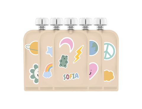 Customizable Reusable Food Pouches with Name Labels/Stickers 150ml 5PK Retro Rainbow