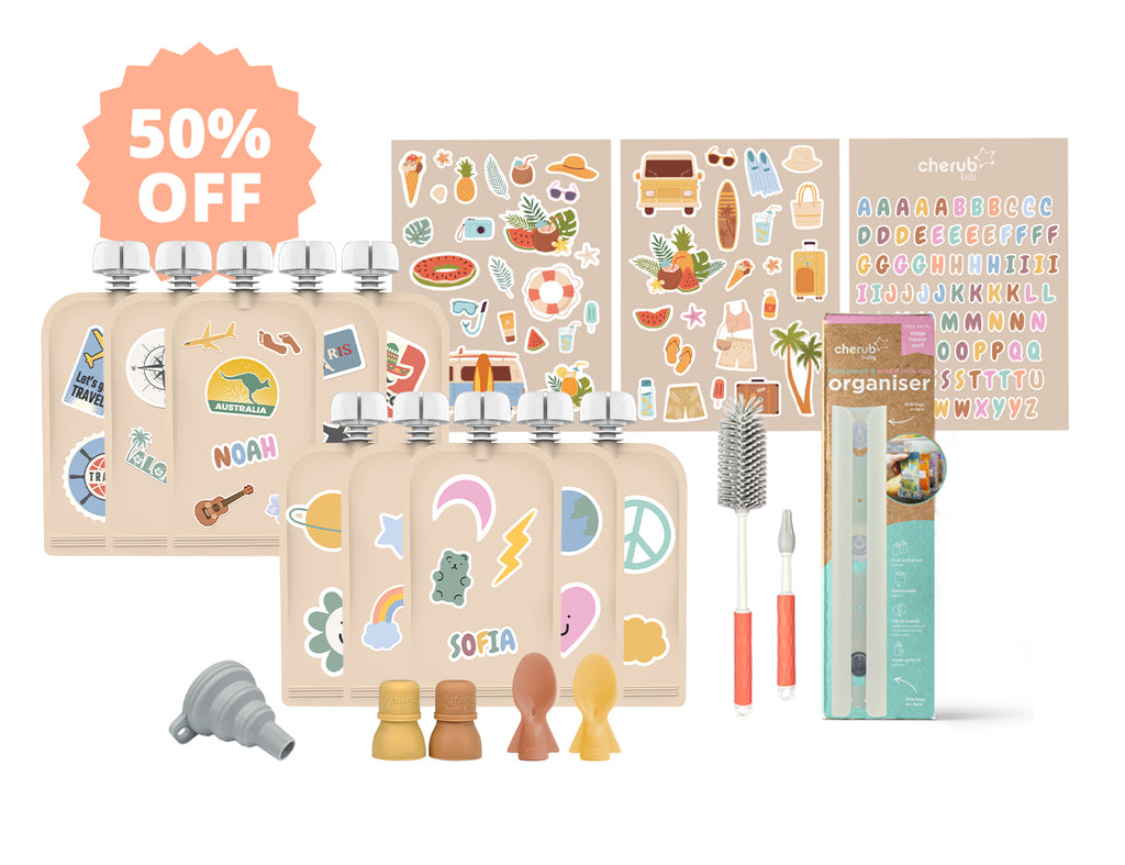 Reusable Food & Yoghurt Pouches 10pk 150ml + 390+ Personalized Stickers Bundle Kit