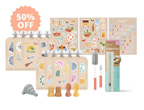 Reusable Food & Yoghurt Pouches 10pk 150ml + 390+ Personalized Stickers Bundle Kit