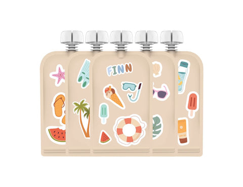 Customizable Reusable Food Pouches with Name Labels/Stickers 150ml 5PK Summer Vibes