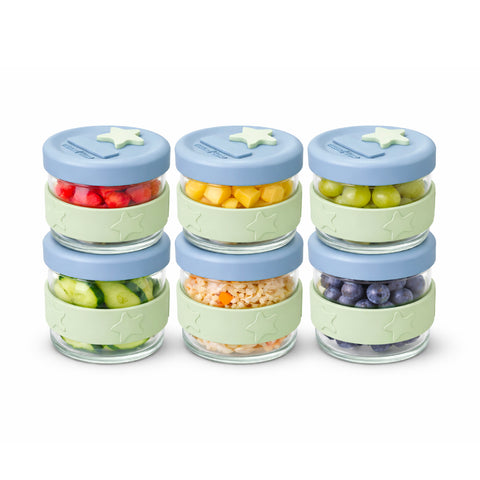 Silicone & Glass Baby Food Storage Containers 6PK 120ml in Cerulean & Sage