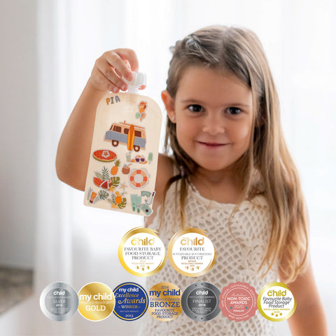 Reusable Food Pouches 150ml 5PK with 130+ Personalized Name & Picture Stickers | BIG EXPLORER