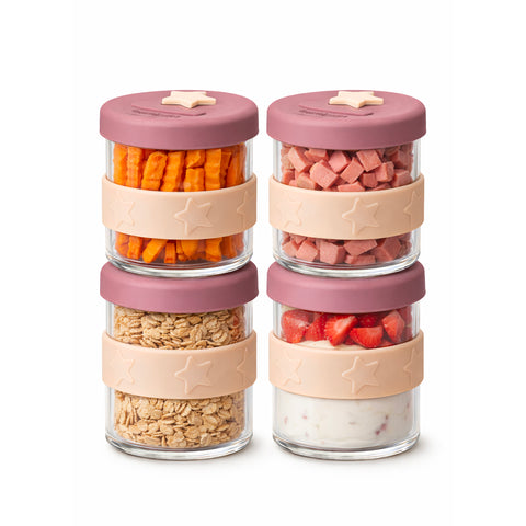 Silicone & Glass Baby Food Storage Containers 4PK 180ml - Dusty Rose & Sand