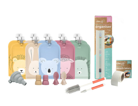 On the Go Reusable Baby Food/ Yoghurt Pouches | Bundle Kit | Dusty Rose & Sand