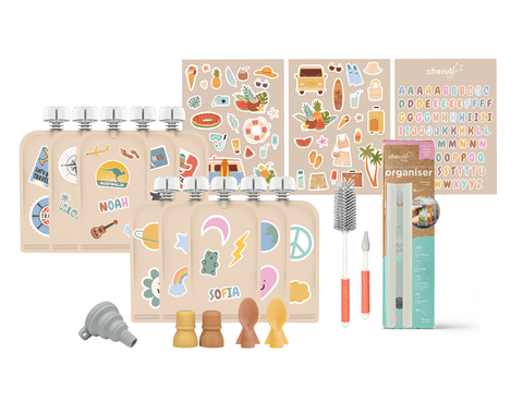 Reusable Food & Yoghurt Pouches 10pk 150ml + 390+ Personalized Stickers Bundle Kit