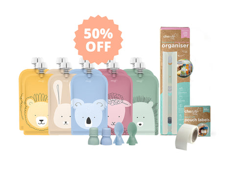 On the Go Reusable Baby Food/ Yoghurt Pouches | Bundle Kit | Cerulean & Sage