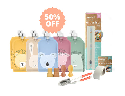 On the Go Reusable Baby Food/ Yoghurt Pouches | Bundle Kit | Caramel Mimosa