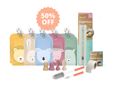 On the Go Reusable Baby Food/ Yoghurt Pouches | Bundle Kit | Dusty Rose & Sand