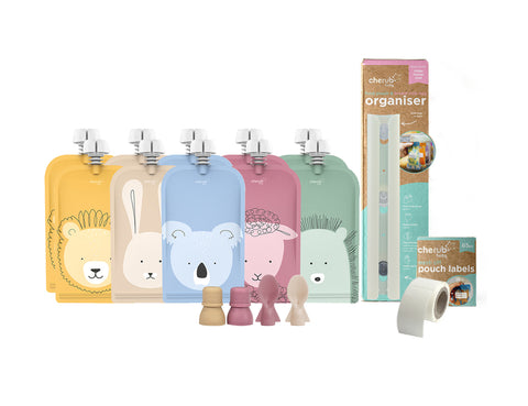 On the Go Reusable Baby Food/ Yoghurt Pouches | Bundle Kit | Dusty Rose & Sand